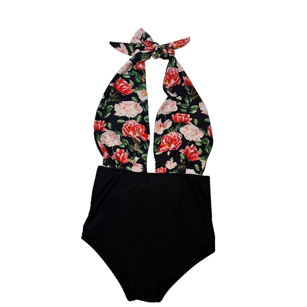 Cupshe Black One-Piece Halter Floral Swimsuit Vintage Style, size M